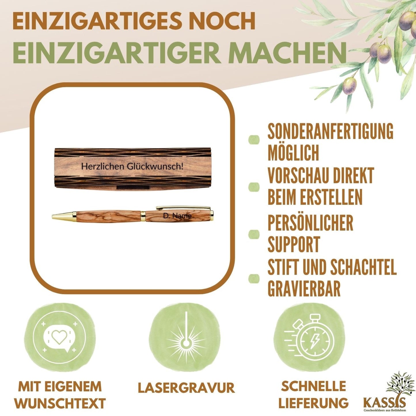 Personalisierter Kugelschreiber aus Olivenholz mit Holzschachtel